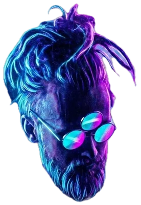 Stylised neon portrait of Gray Contrast with round mirrored glasses